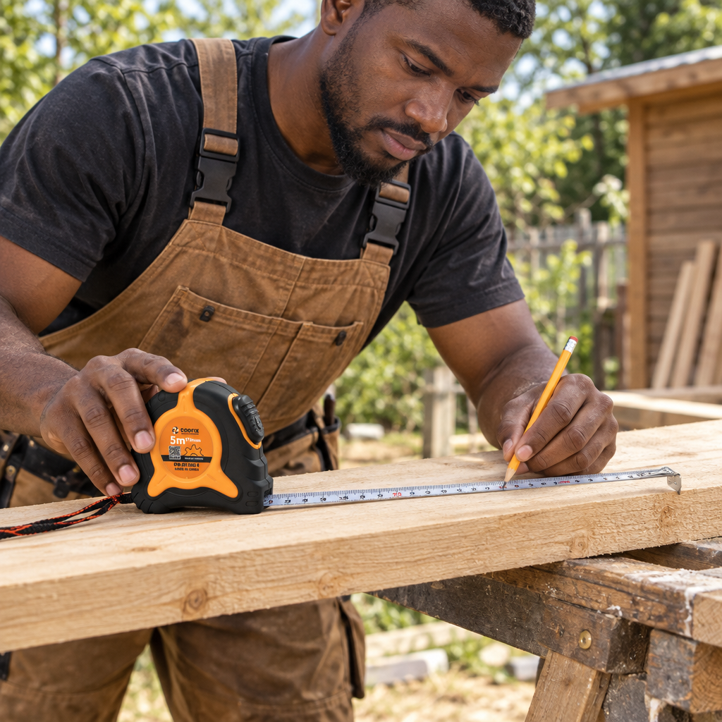 Carpenter using the Coofix tape measure on a timber board