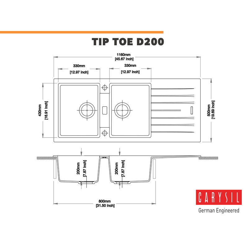 Carysil Kitchen Sink Carysil Granite Coffee Brown-Nera Double Bowl Drainer Sink 1160 x 500mm - TIP TOE D200