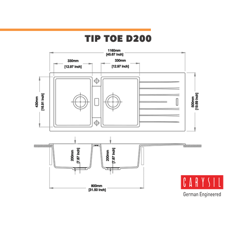 Carysil Kitchen Sink Carysil Granite Coffee Brown-Nera Double Bowl Drainer Sink 1160 x 500mm - TIP TOE D200