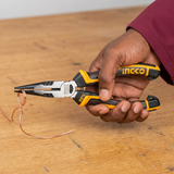 Close-up of the Ingco long-nose pliers shaping a copper-wire loop