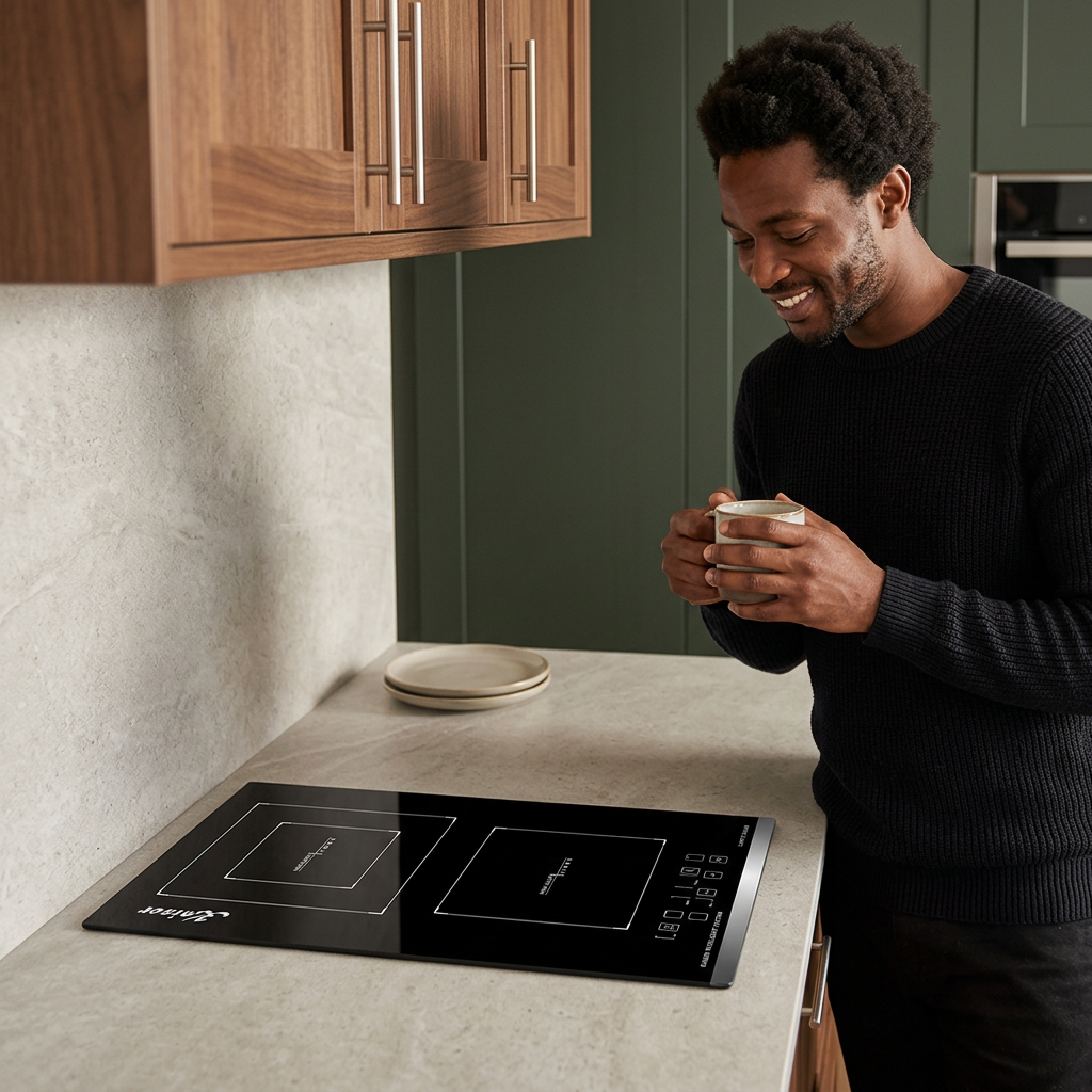 Coffee-break scene beside the black Kaiser ceramic hob