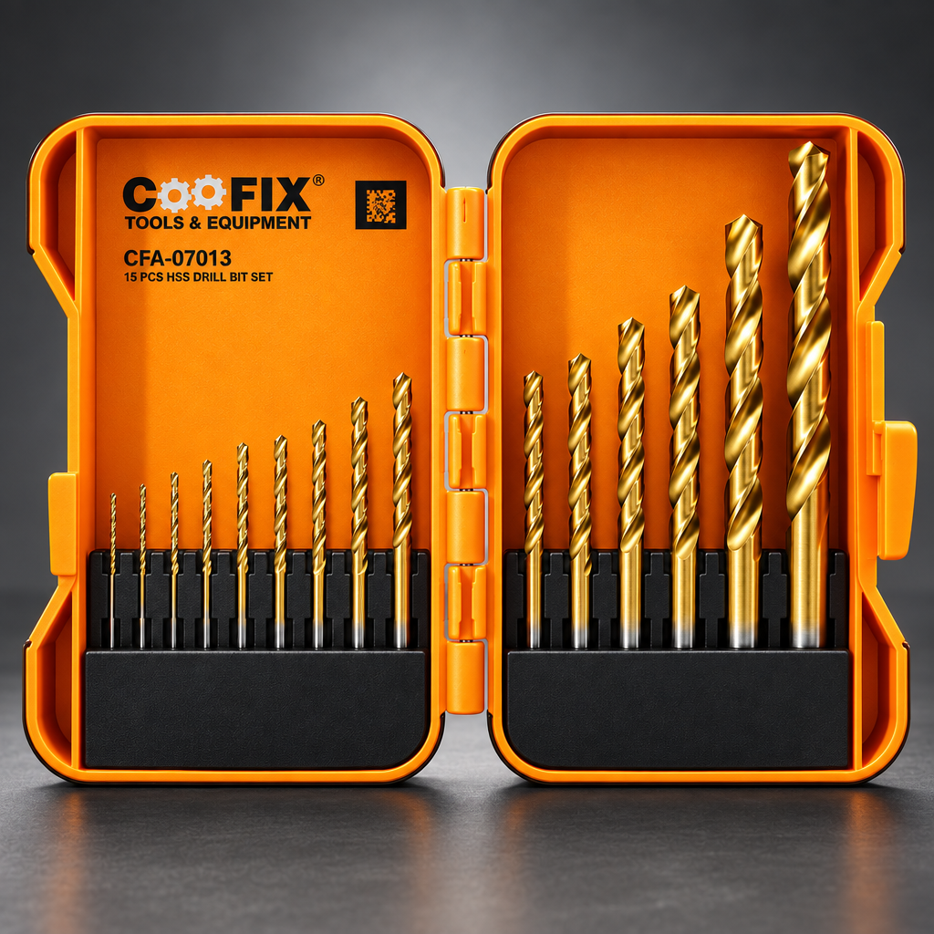 Coofix 15-piece HSS drill bit set on a cinematic grey background