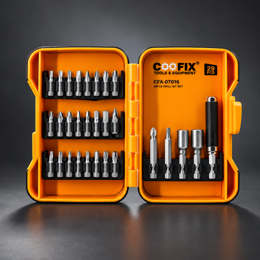 Coofix 29-piece bit set in an open orange case on a cinematic grey background