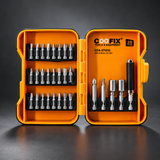 Coofix 29-piece bit set in an open orange case on a cinematic grey background