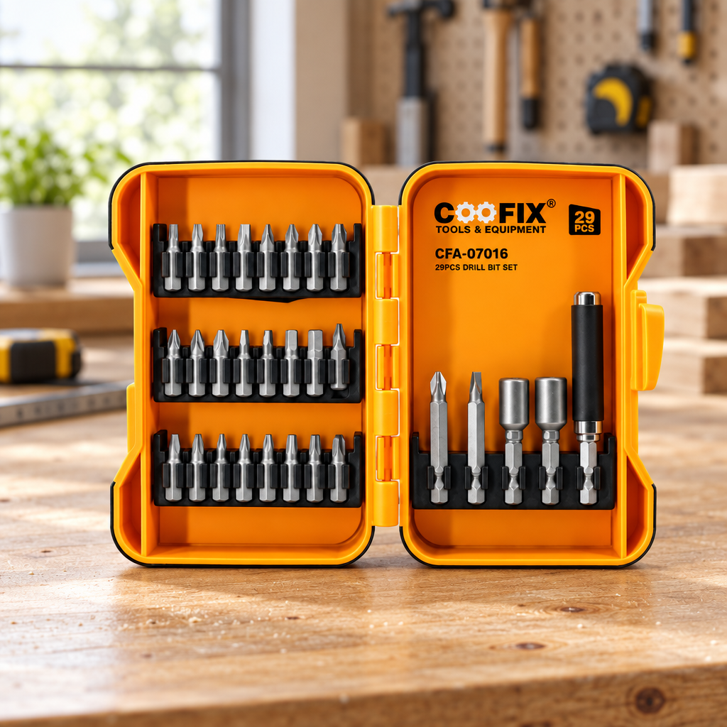 Coofix 29-piece screwdriver bit set on a workbench