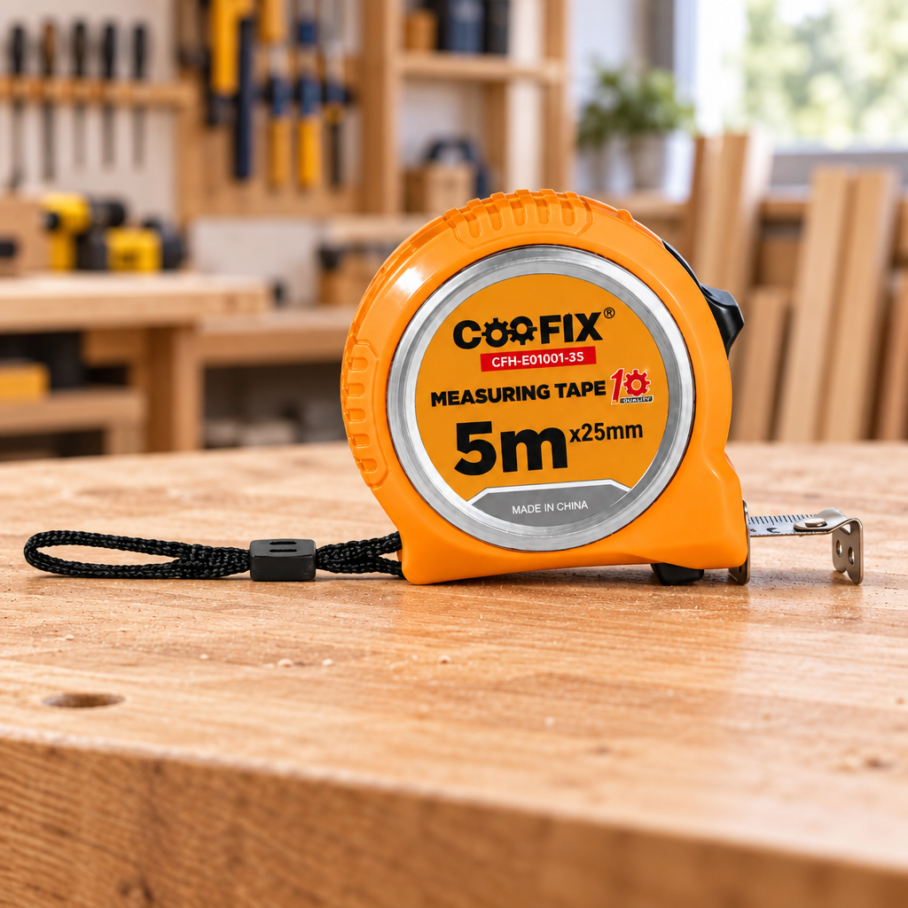 Coofix 5 m × 25 mm tape measure on a workbench