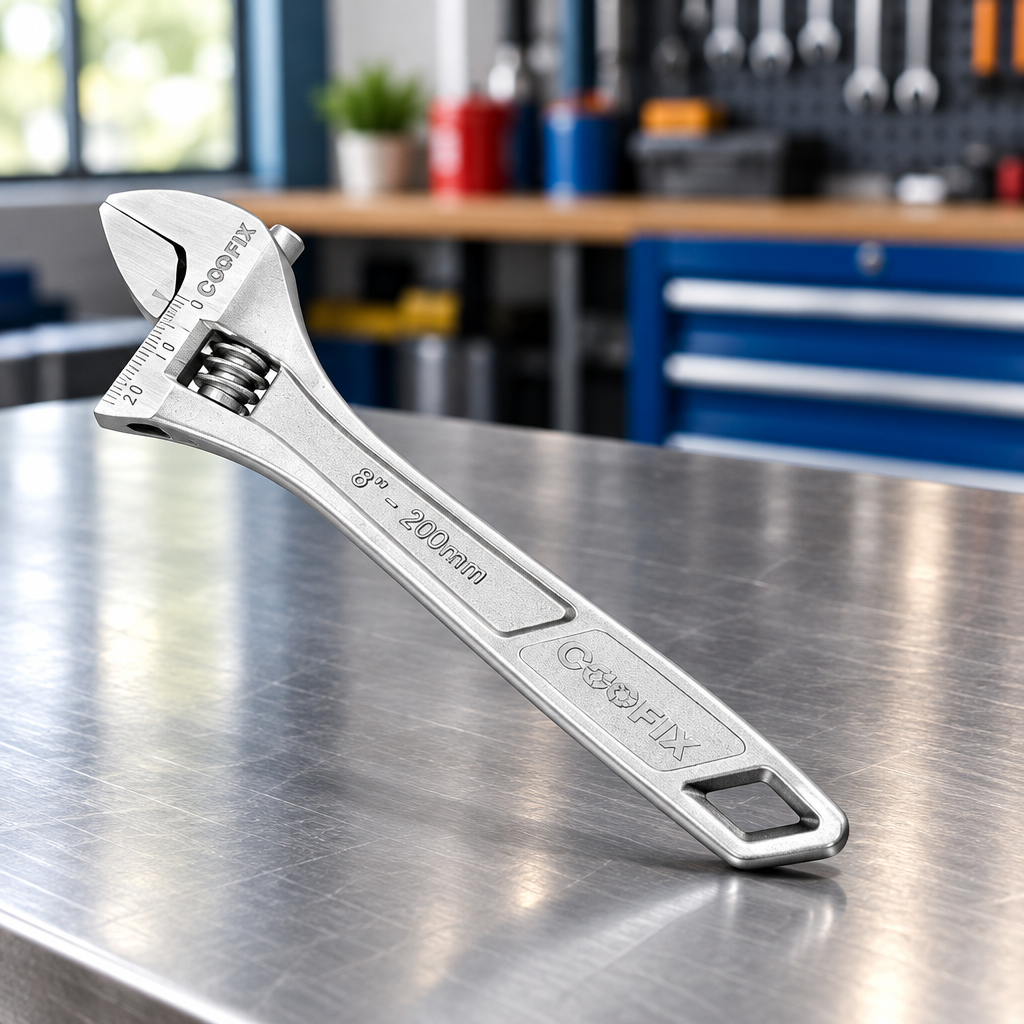 Coofix adjustable wrench on a workbench