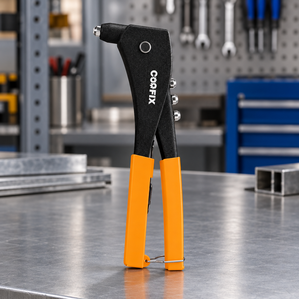 Coofix aluminium-and-PVC riveter on a workbench
