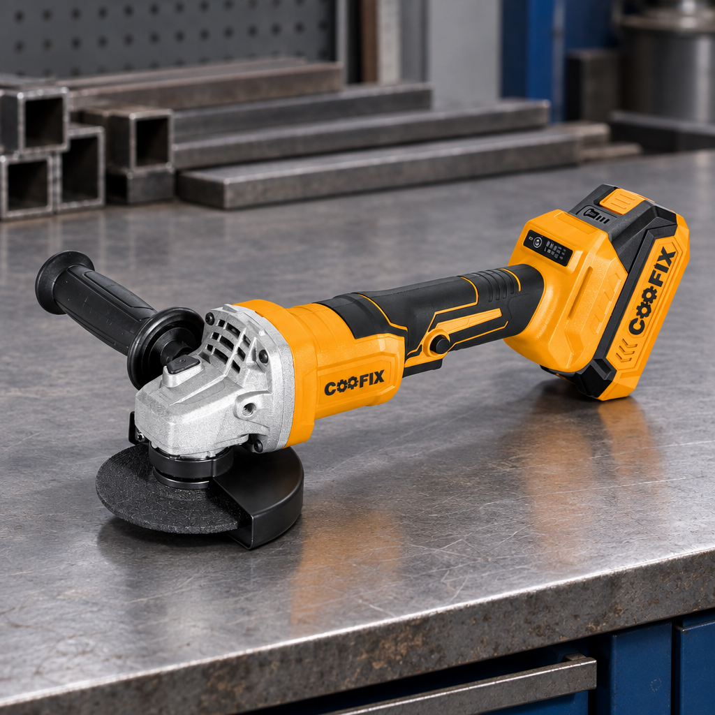 Coofix angle grinder with attached battery on a workbench