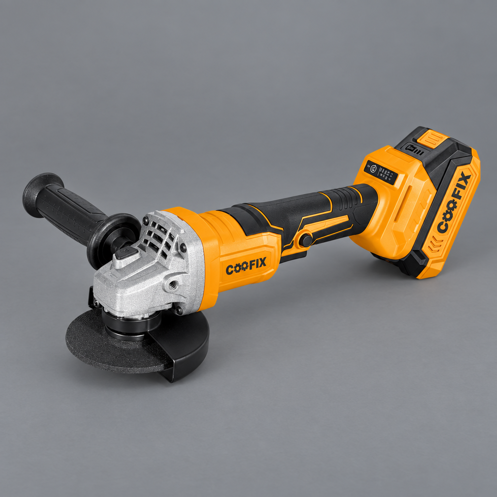 Coofix angle grinder with attached battery on grey