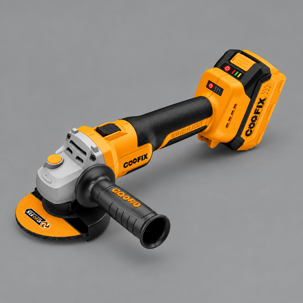 Coofix angle grinder with orange-faced disc on grey