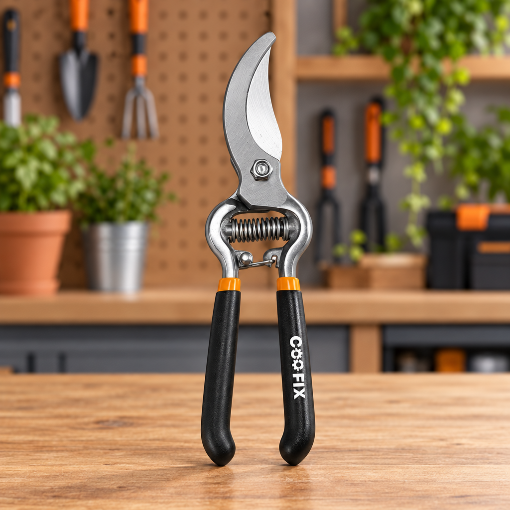 Coofix bypass pruning shears on a workshop table