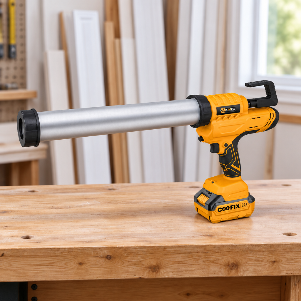 Coofix cordless caulking gun on a workbench