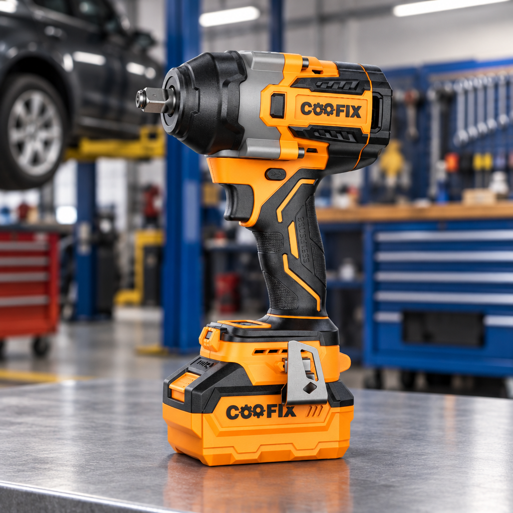 Coofix cordless impact wrench on a workbench