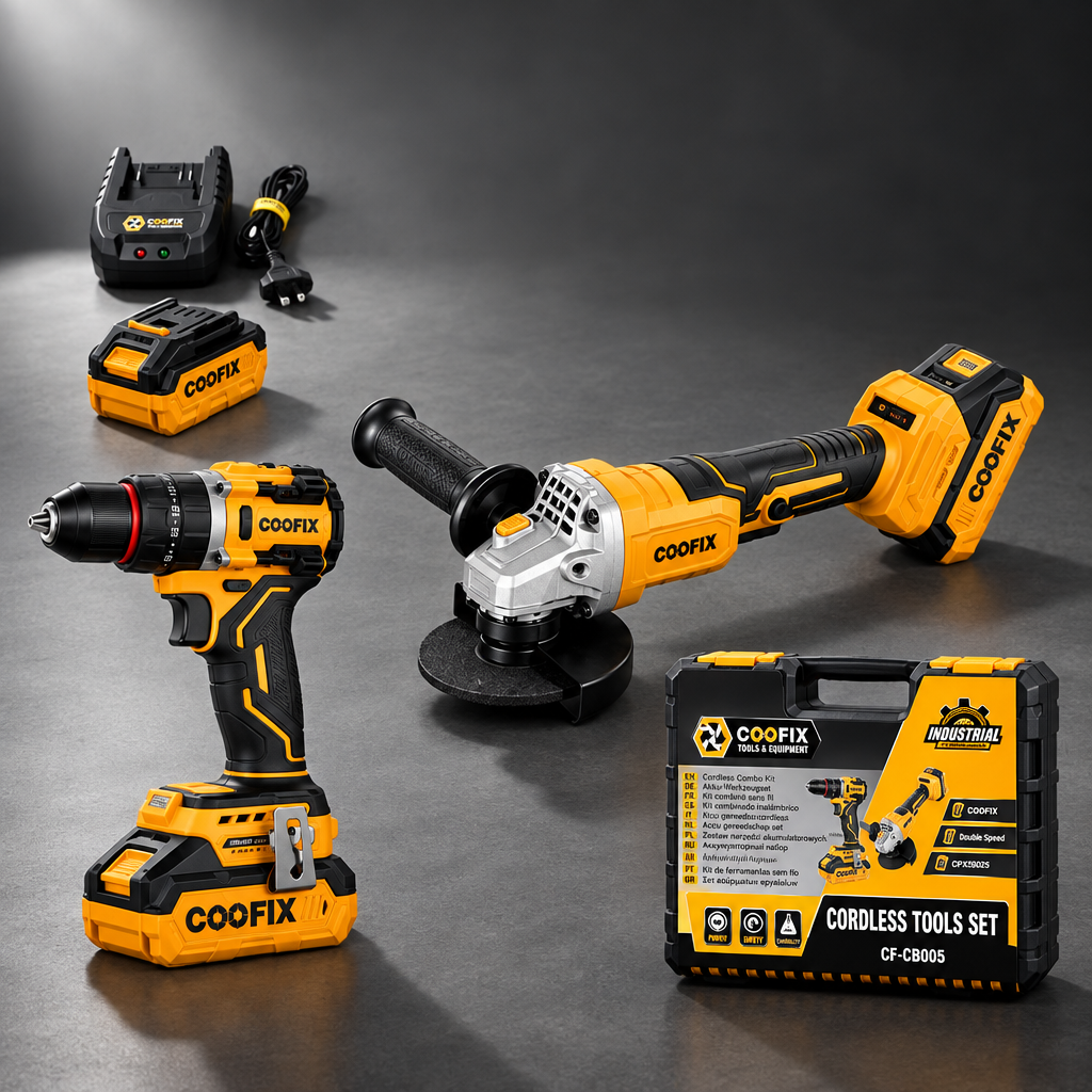 Coofix cordless tool kit on a cinematic grey background