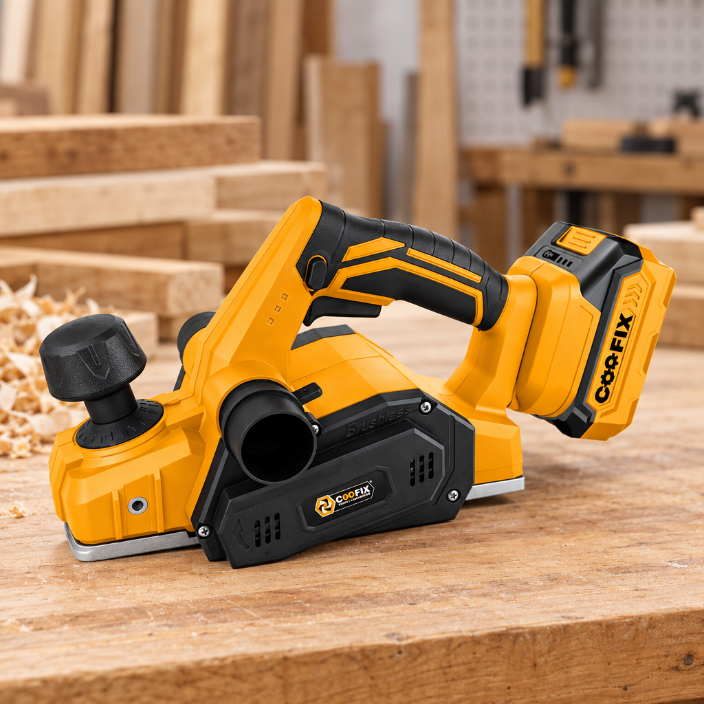 Coofix cordless wood planer on a workbench