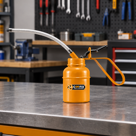 Coofix engine oil can on a workbench