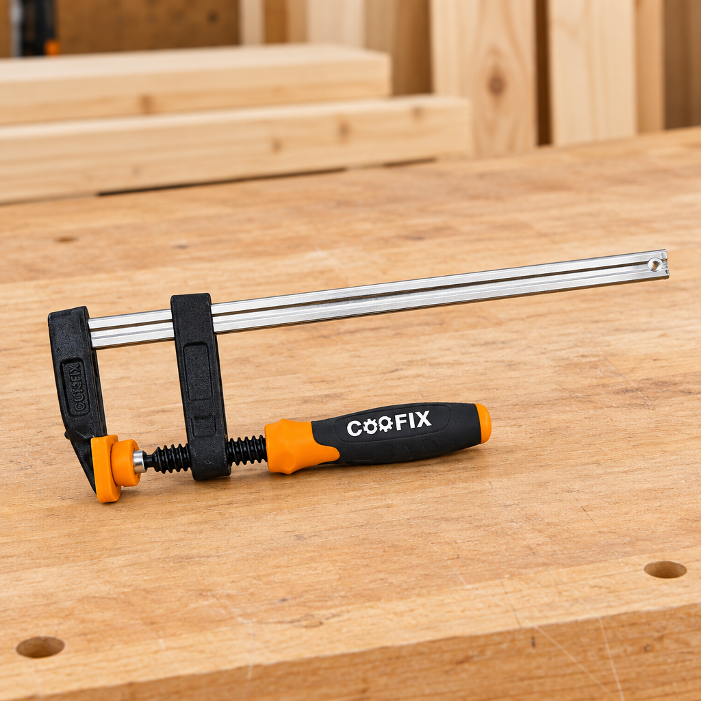 Coofix F clamp on a workbench