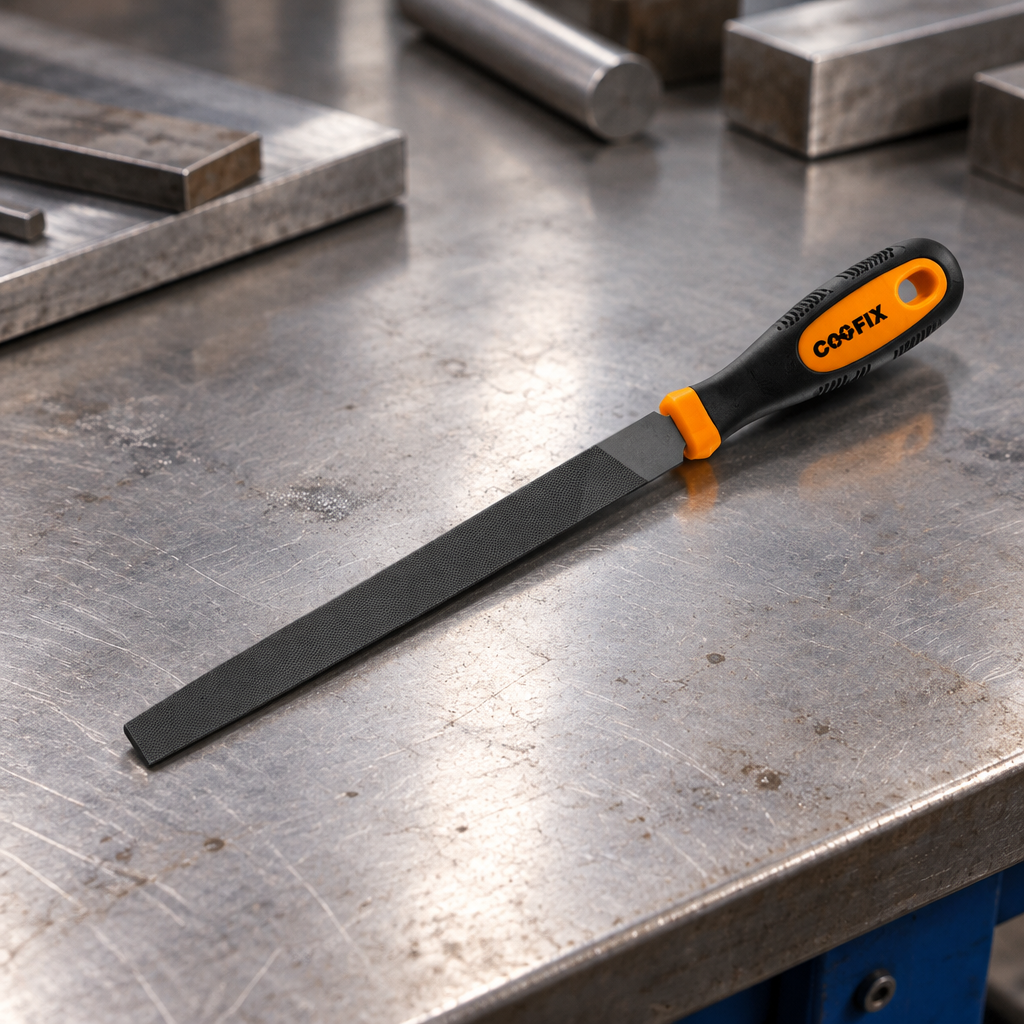 Coofix flat steel file on a workbench