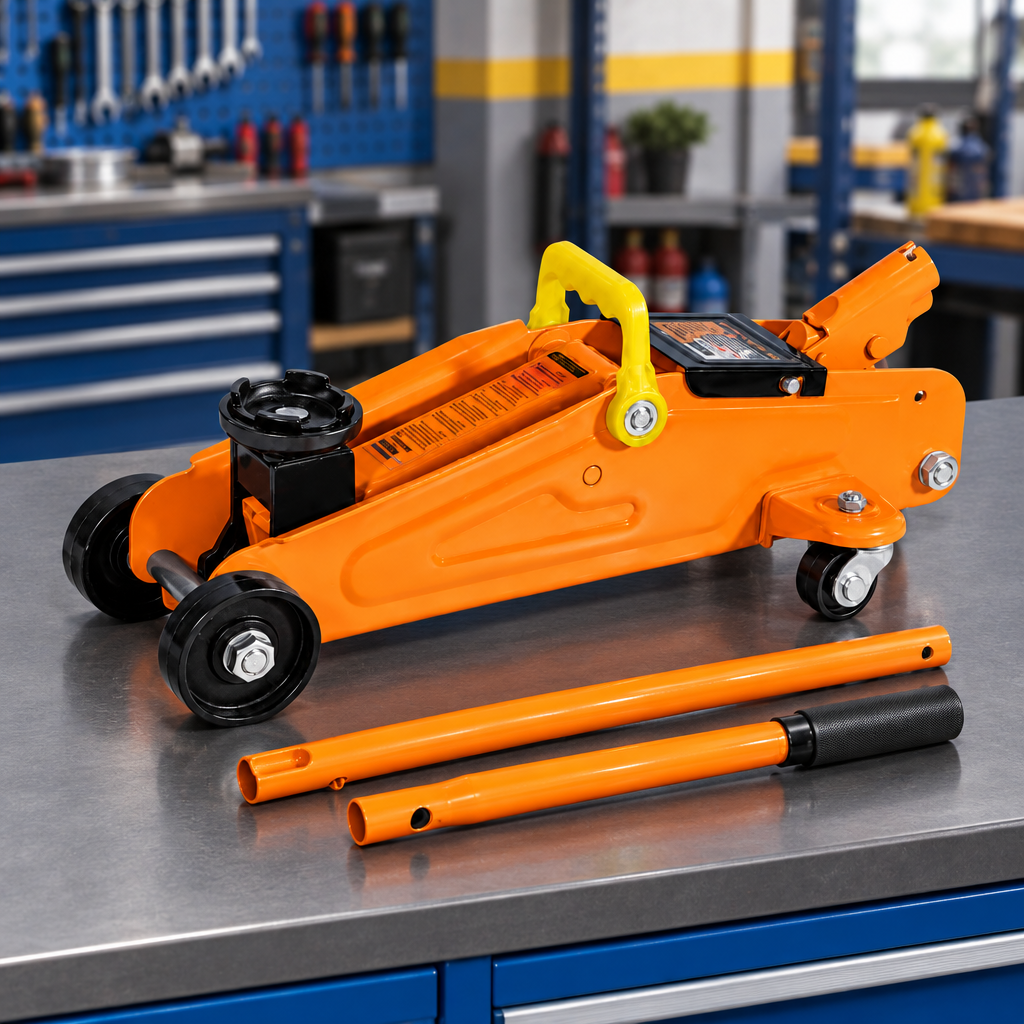 Coofix floor jack with its handle sections on a workbench