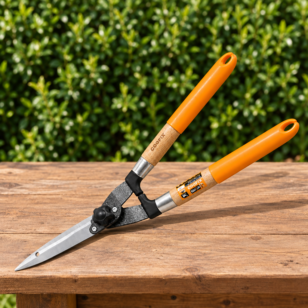 Coofix hedge shears on a garden workbench