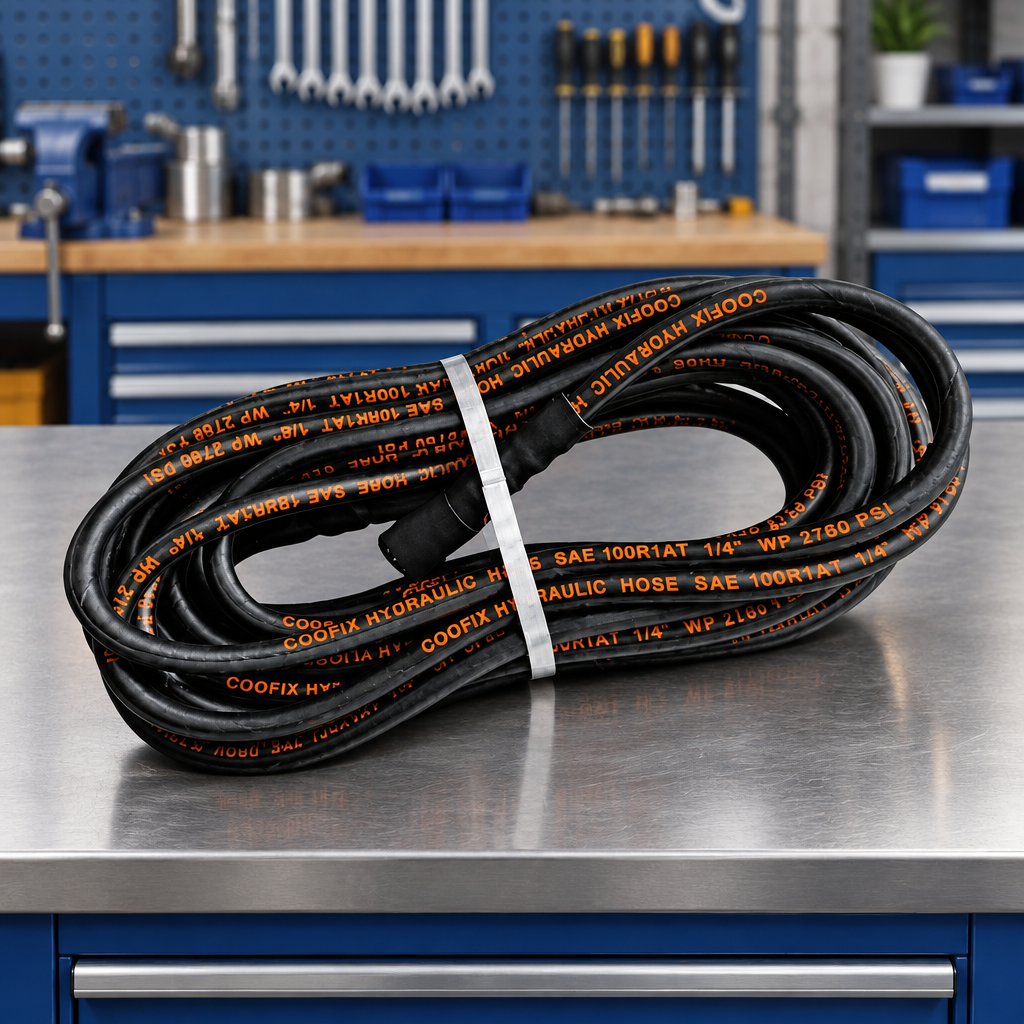 Coofix hydraulic hose on a clean workshop table