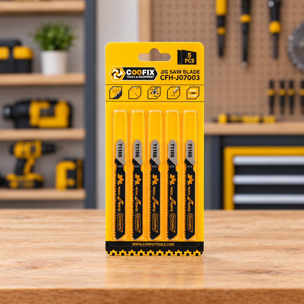 Coofix jigsaw blade set on a workshop table
