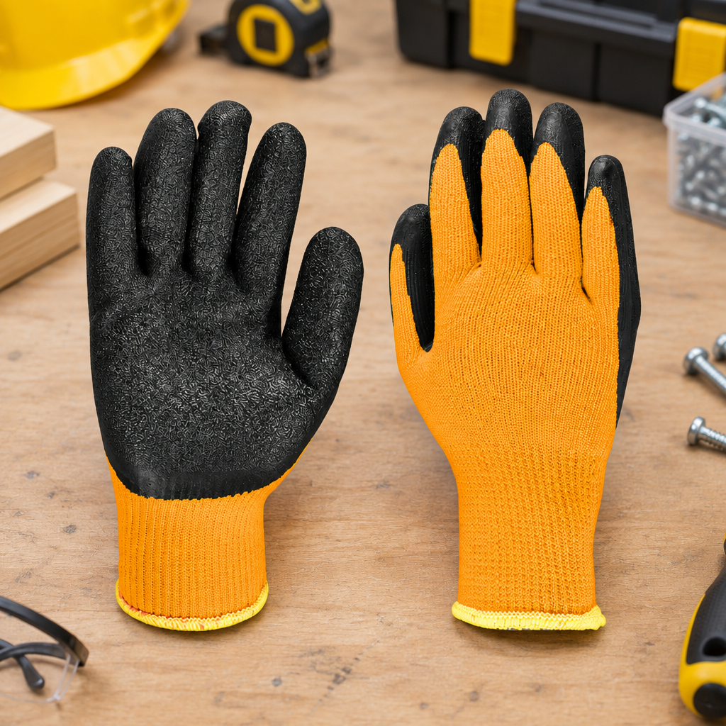 Coofix latex-coated work gloves on a worktable