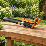 Coofix leaf blower with attached battery on a bench