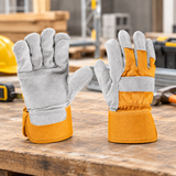 Coofix leather work gloves on a workbench