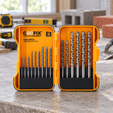 Coofix masonry drill bit set on a workbench