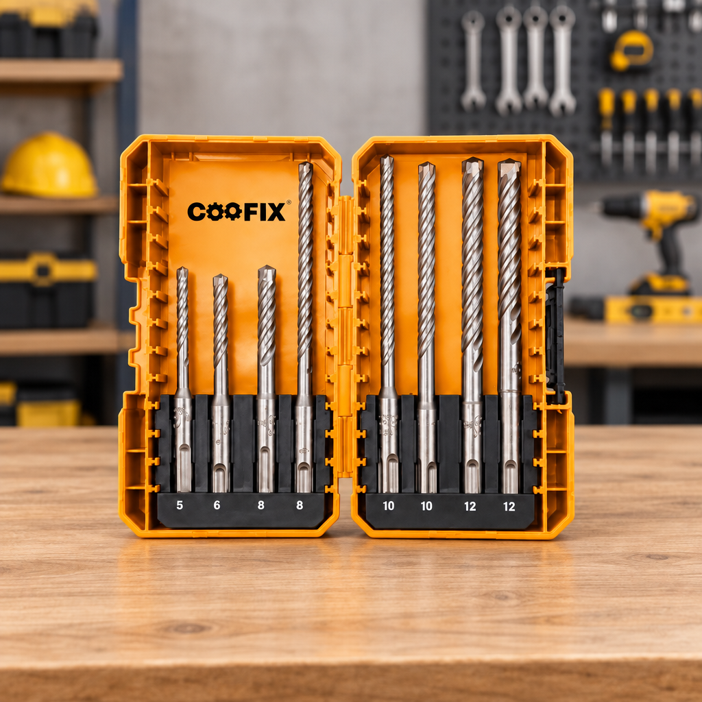 Coofix masonry drill-bit set on a workshop table