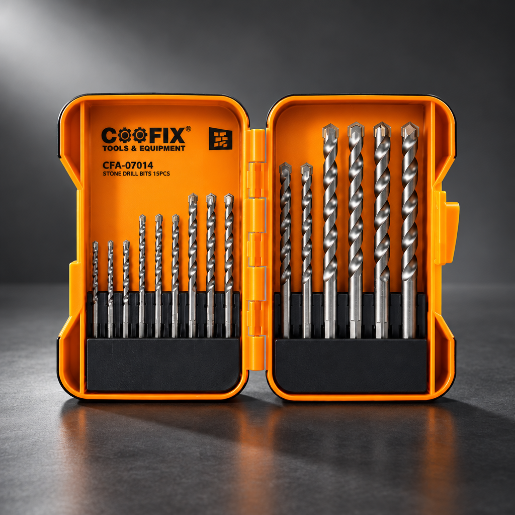 Coofix masonry drill bits in an open orange case on a cinematic grey background