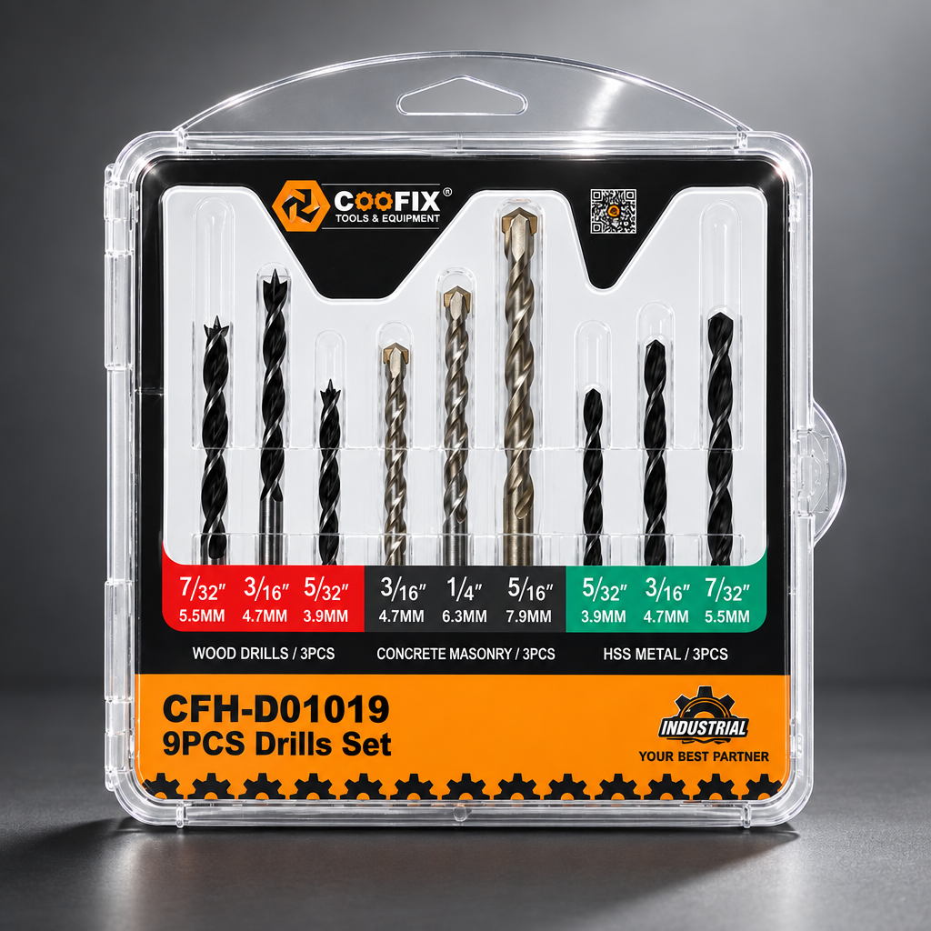 Coofix nine-piece drill-bit set on a cinematic grey background