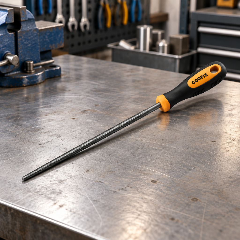 Coofix round steel file on a workbench