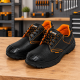 Coofix safety shoes on a workshop bench