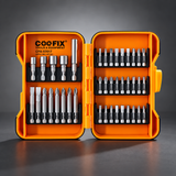 Coofix screwdriver bit set in an open orange case on a cinematic grey background