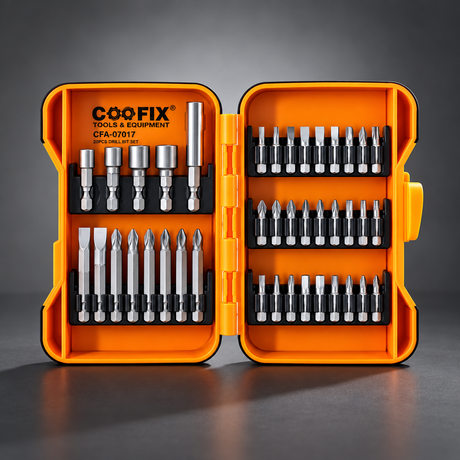 Coofix screwdriver bit set in an open orange case on a cinematic grey background