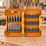 Coofix screwdriver bit set on a workbench
