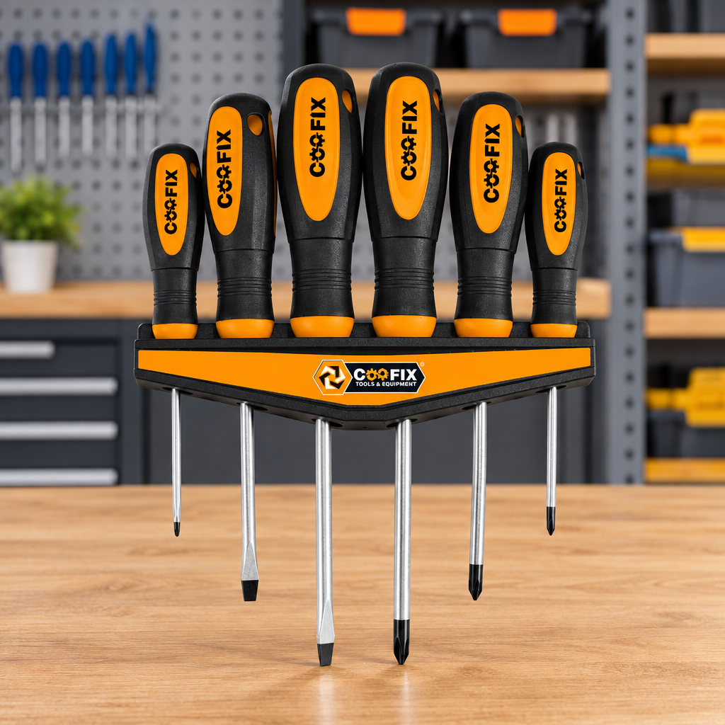 Coofix six-piece screwdriver set on a workbench