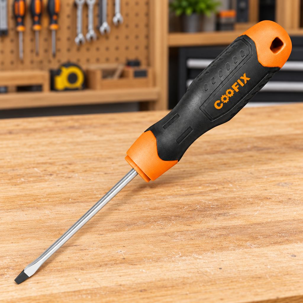Coofix slotted screwdriver on a workshop bench