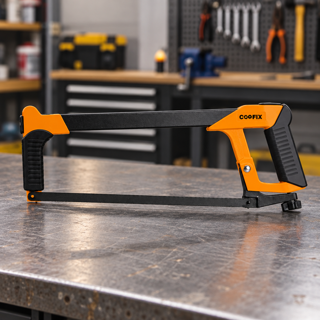 Coofix steel-pipe hacksaw on a workbench