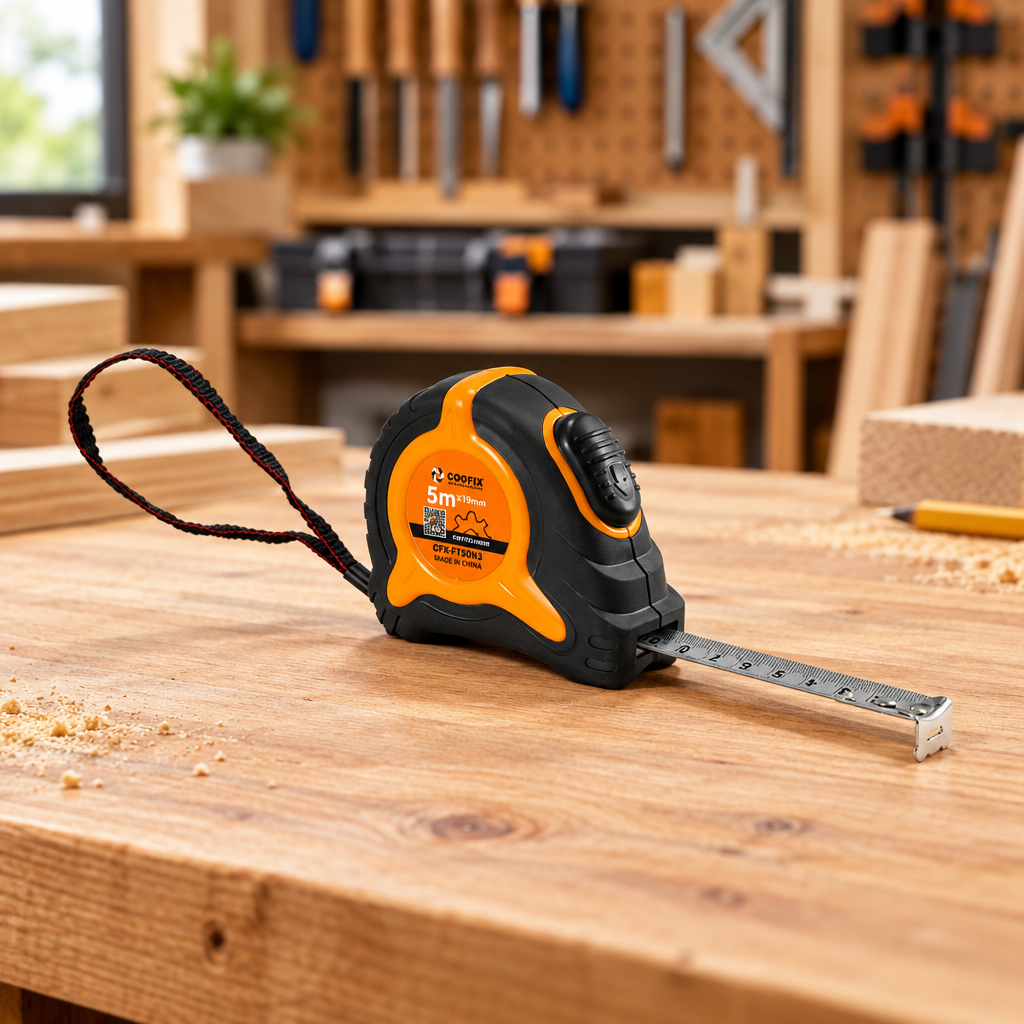 Coofix tape measure on a workbench