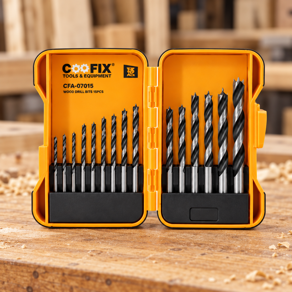 Coofix wood drill bit set on a workbench