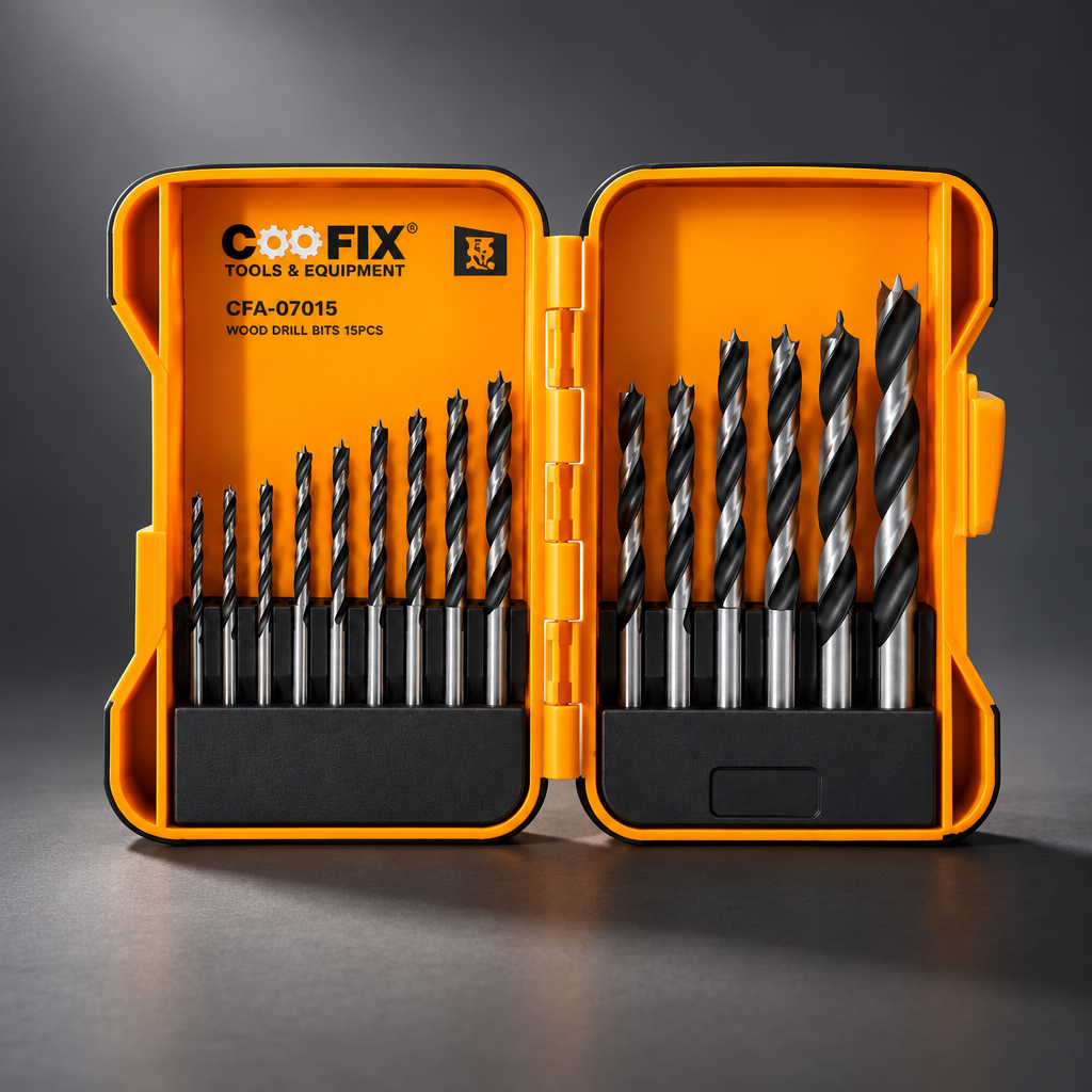 Coofix wood drill bits in an open orange case on a cinematic grey background