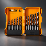 Coofix wood drill bits in an open orange case on a cinematic grey background