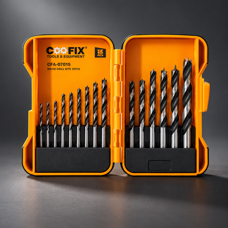Coofix wood drill bits in an open orange case on a cinematic grey background