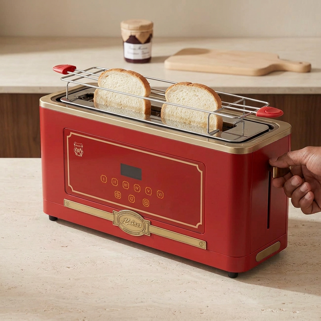 Corrected face-hidden scene operating the red Kaiser toaster