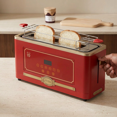 Corrected face-hidden scene operating the red Kaiser toaster