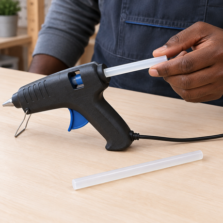 Craft worker loading a glue stick into a separate glue gun